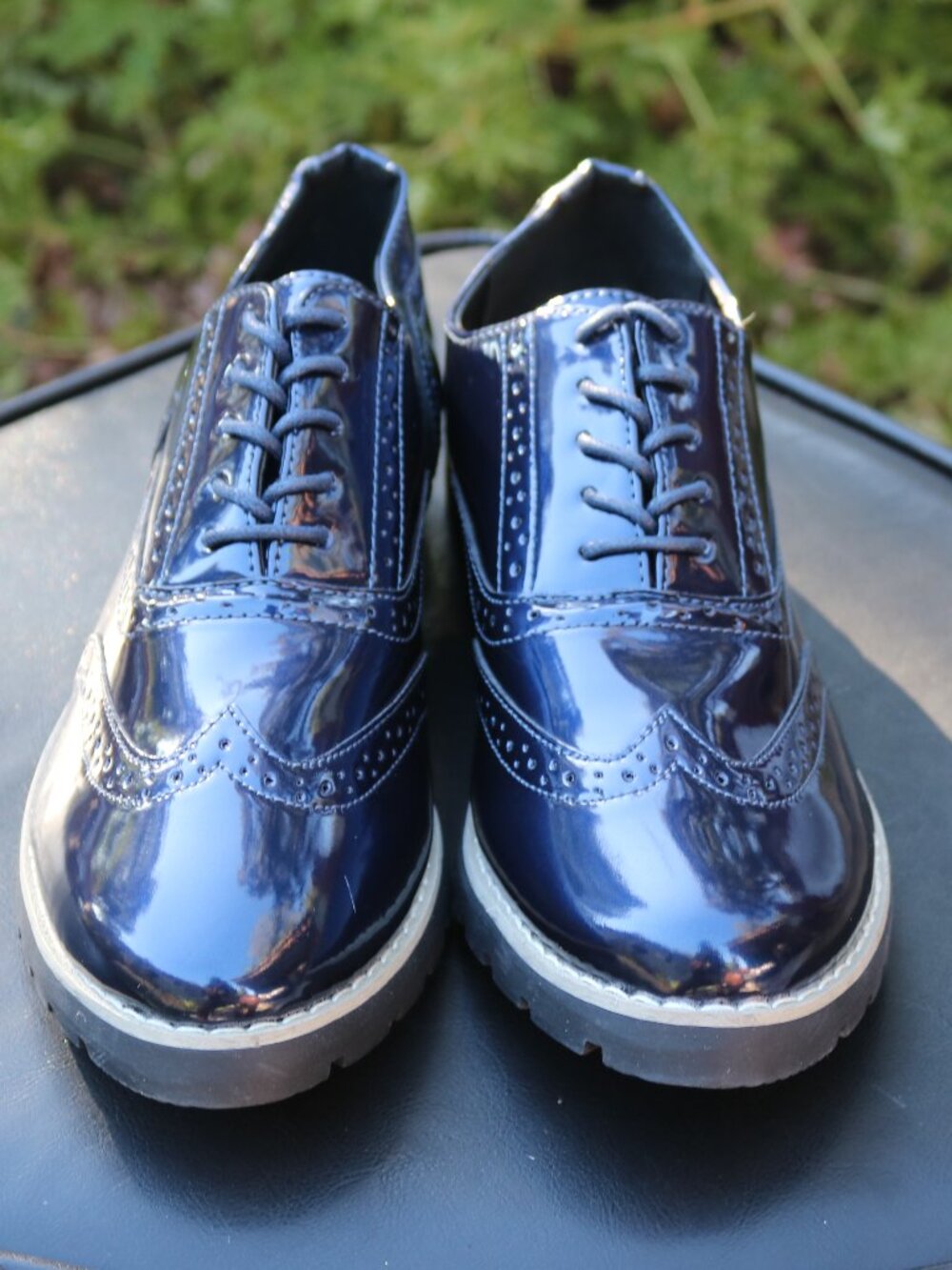 Iridescent "oil slick" patent leather oxford brogues